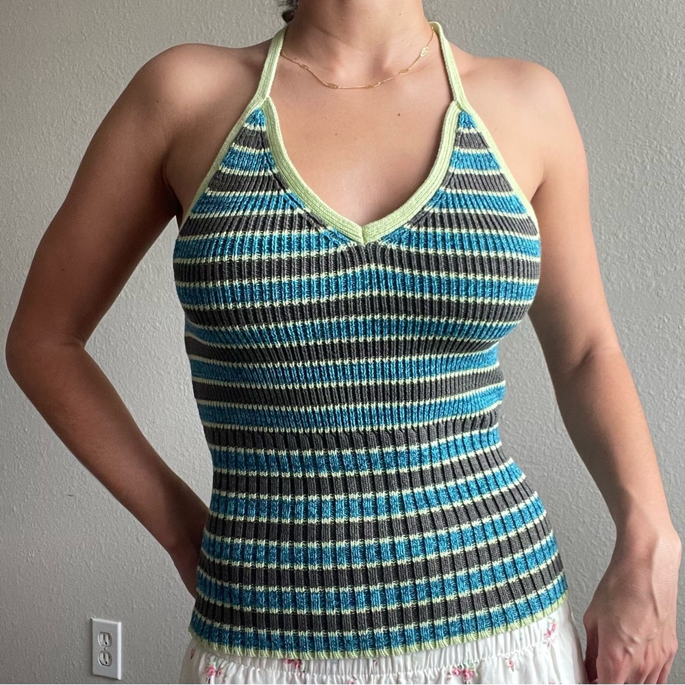 Y2K Blue Asphalt Striped Ribbed Cotton Knit Halter Tank
